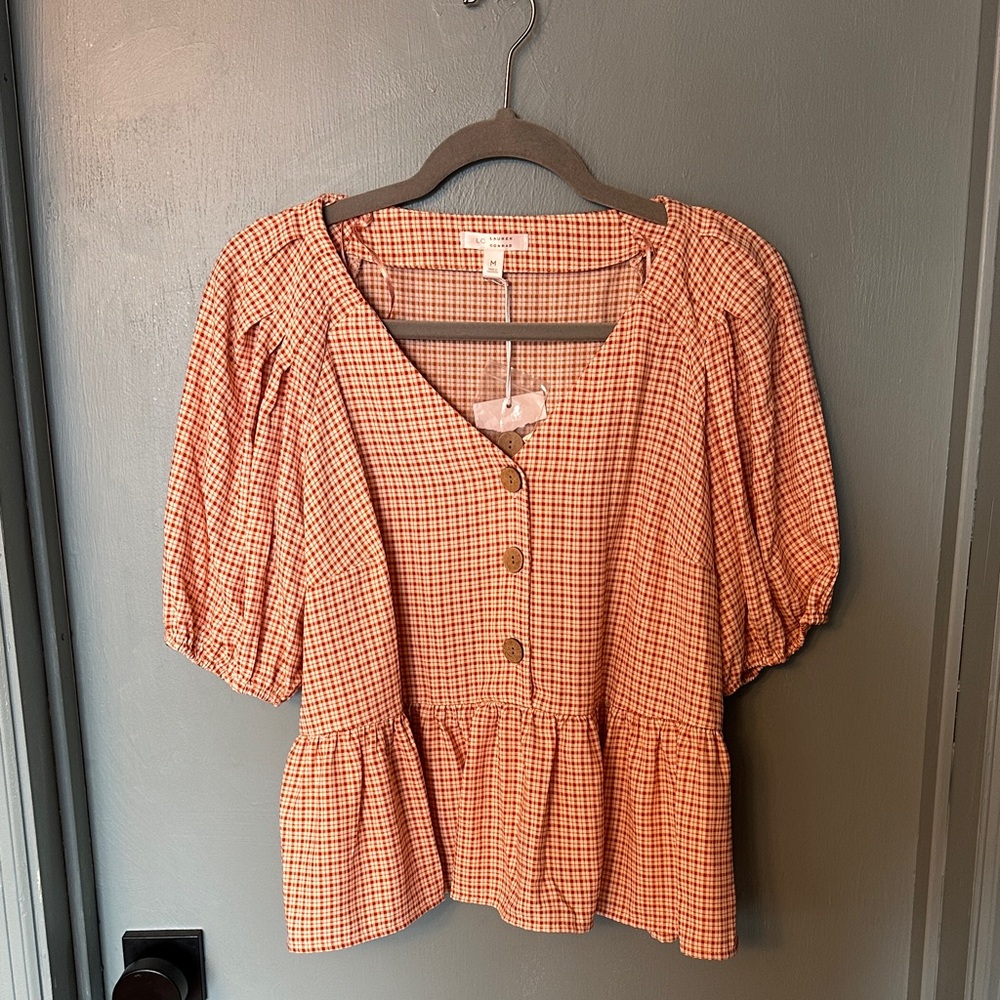 LC Lauren Conrad Checkered Peplum Blouse - Orange and White